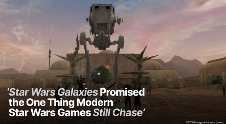 Star Wars Galaxies screenshot showing players gathered in a desert settlement beneath an AT-ST, highlighting the MMO’s living galaxy fantasy