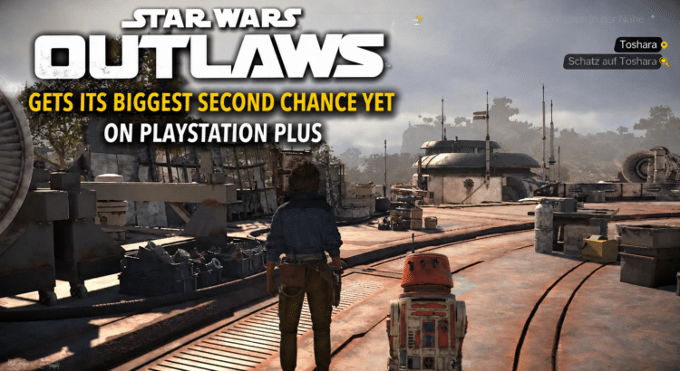 Star Wars Outlaws header image showing Kay Vess and Nix on Toshara with title text about the game getting a second chance on PlayStation Plus.