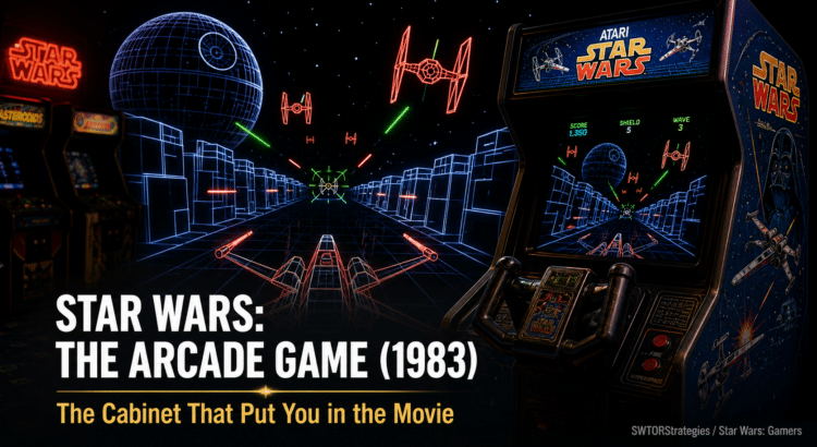 Header image for Star Wars: The Arcade Game (1983) showing an Atari arcade cabinet beside a neon vector-style Death Star trench run scene.