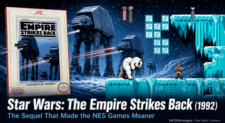 Header image for Star Wars: The Empire Strikes Back (1992) showing the NES box art alongside pixel-style Hoth gameplay with Luke, a wampa, and AT-AT walkers in a snowy retro Star Wars scene.