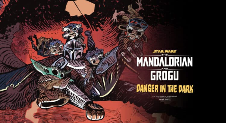Mandalorian and Grogu in dark cave adventure poster