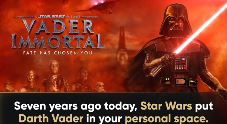 Darth Vader in Star Wars Vader Immortal with anniversary text marking seven years since the VR game launched.