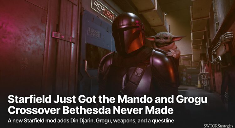Mandalorian-style armored character with Grogu in Starfield mod header image