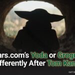 Grogu seen in silhouette inside a tunnel with headline text about StarWars.com’s Yoda or Grogu quiz and Tom Kane.