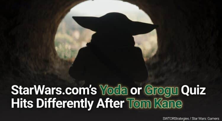 Grogu seen in silhouette inside a tunnel with headline text about StarWars.com’s Yoda or Grogu quiz and Tom Kane.