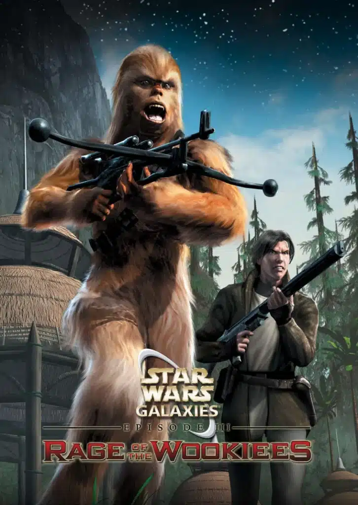 Chewbacca and warrior in forest battle scene