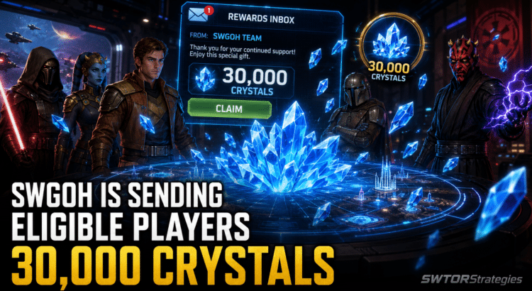 SWGOH Cassian compensation header image showing a rewards inbox with 30,000 Crystals for eligible players.