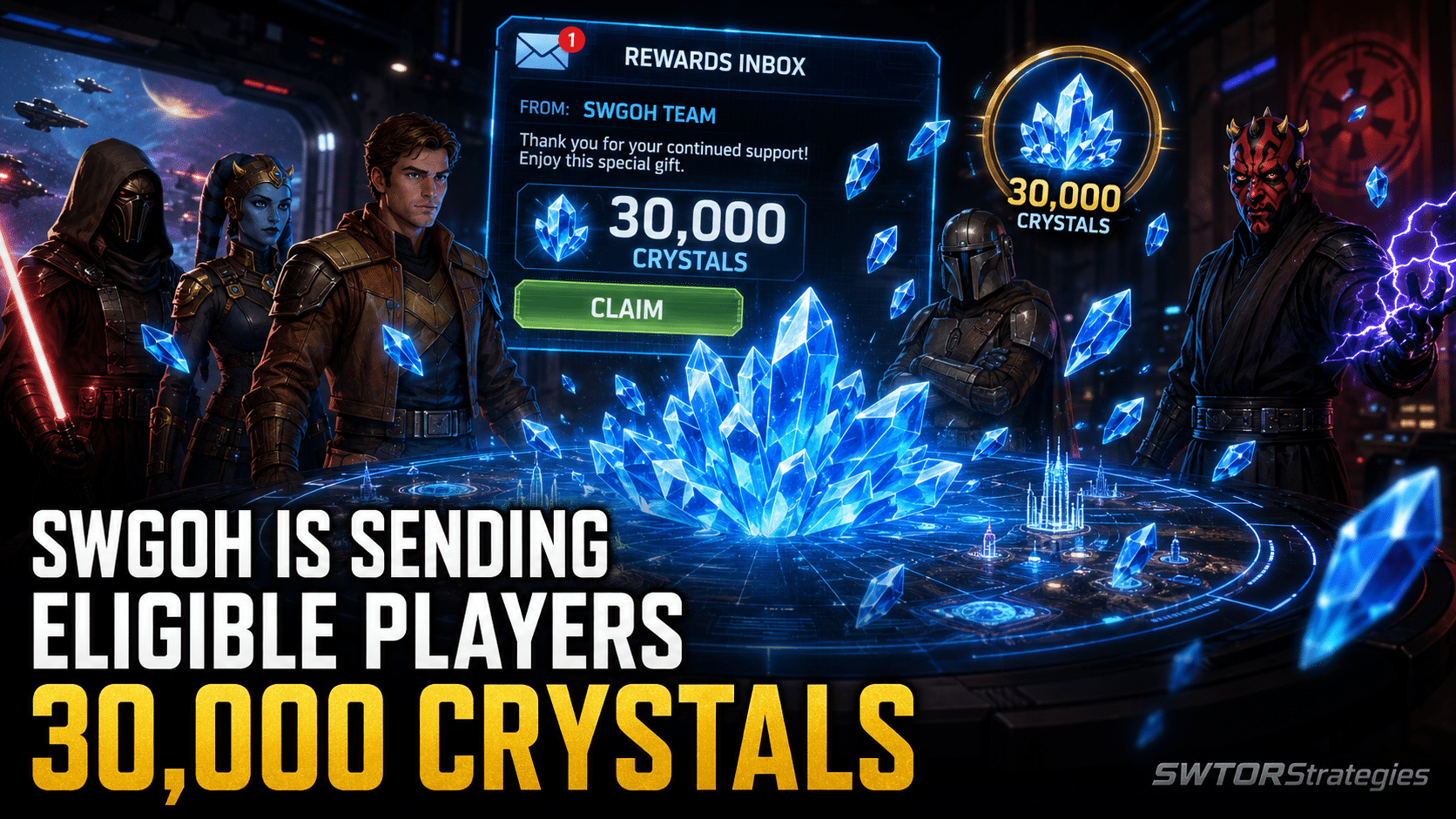 SWGOH Cassian compensation header image showing a rewards inbox with 30,000 Crystals for eligible players.