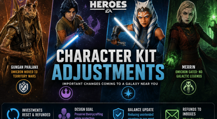 SWGOH character kit adjustments header image showing Gungan Phalanx, Ezra Exile, Ahsoka, and Merrin with balance update text.