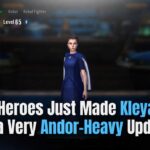 Kleya Marki character screen in Star Wars Galaxy of Heroes with headline text about Kleya becoming farmable in an Andor-heavy update.