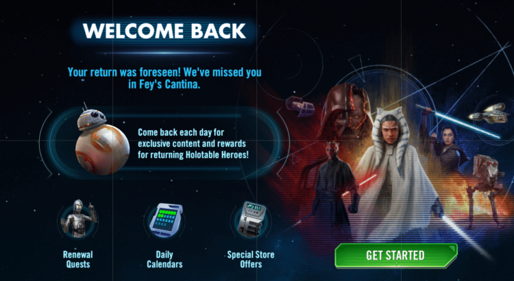 Star Wars: Galaxy of Heroes Renewal Quests screen showing returning player objectives and reward progress.
