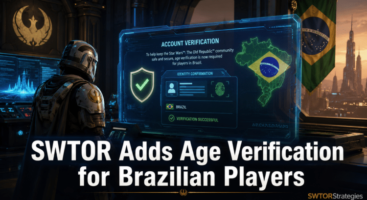 SWTOR age verification screen with Brazil-themed holographic interface for Brazilian players