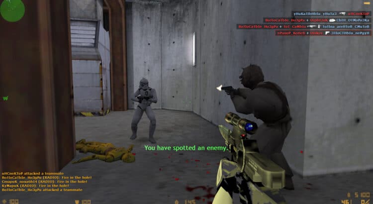 First-person shooter battle in narrow corridor