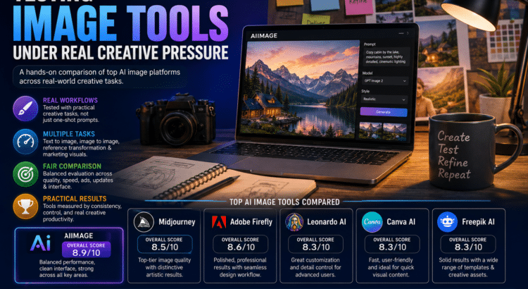 Infographic comparing AI image tools including AIImage, Midjourney, Adobe Firefly, Leonardo AI, Canva AI, and Freepik AI