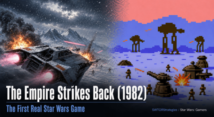 Header image for The Empire Strikes Back (1982) showing a split Hoth battle scene with a modern cinematic snowspeeder battle on the left and 1982-style pixel-art Hoth combat on the right.
