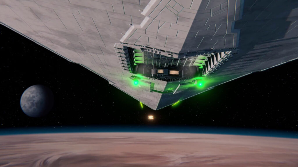 Massive triangular spaceship hovering above planet in space