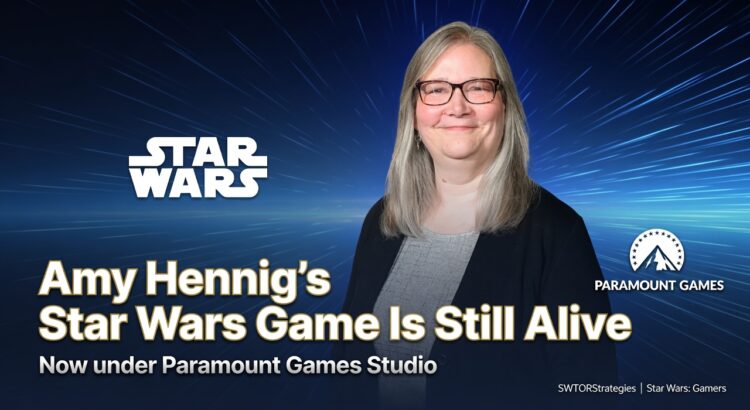 Amy Hennig-inspired editorial header image with Star Wars and Paramount Games Studio visual elements for an article about her untitled Star Wars game still being in development.