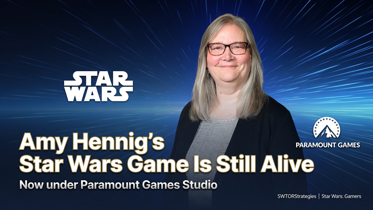 Amy Hennig-inspired editorial header image with Star Wars and Paramount Games Studio visual elements for an article about her untitled Star Wars game still being in development.