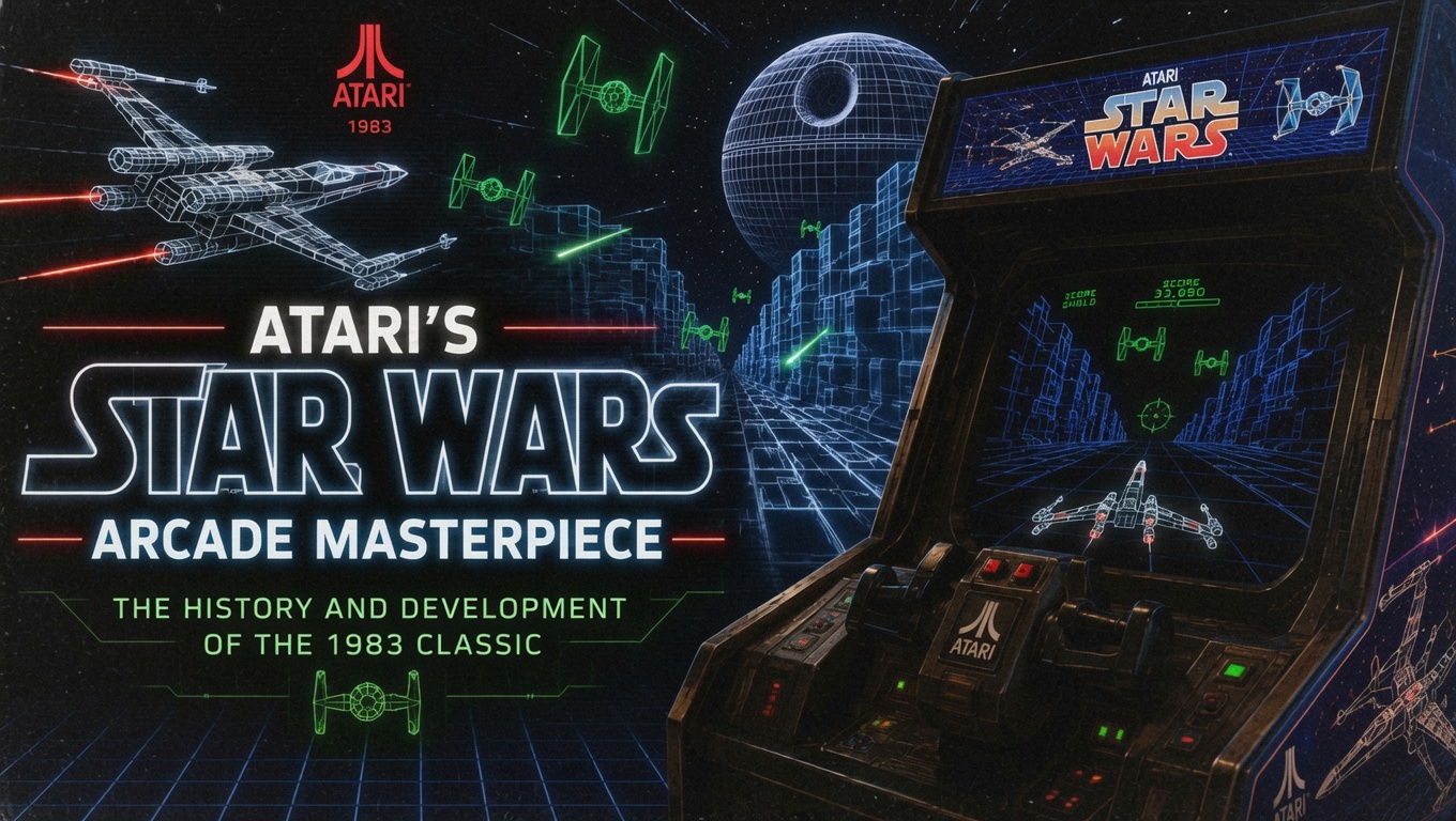 Atari Star Wars arcade cabinet from 1983 with vector graphics, Death Star trench run, and retro sci-fi artwork
