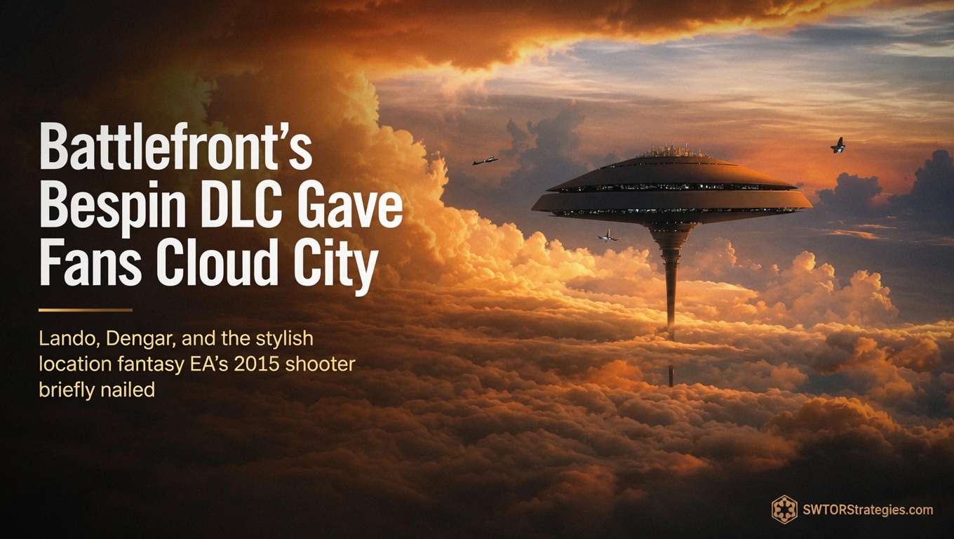 Cinematic header image showing Cloud City floating above orange Bespin clouds at sunset, with title text about Star Wars Battlefront’s Bespin DLC.