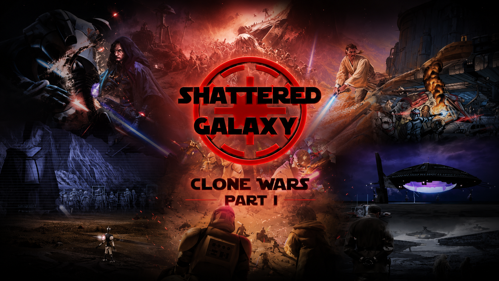 Star Wars Battlefront II Shattered Galaxy header image featuring Clone Wars battle scenes and the Clone Wars Part I mod artwork.