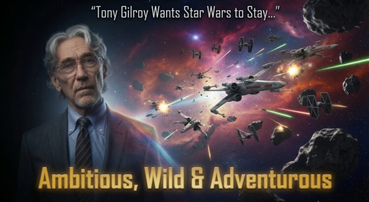 Tony Gilroy-inspired editorial header image with a cinematic Star Wars space battle background and the text “Ambitious, Wild & Adventurous.”