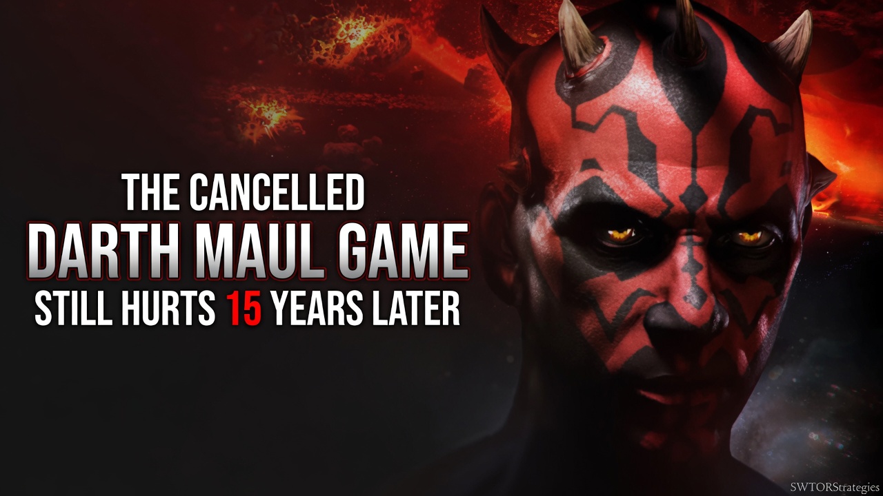 Darth Maul in a dark red Sith-themed header image for an article about the cancelled Star Wars game that never released.