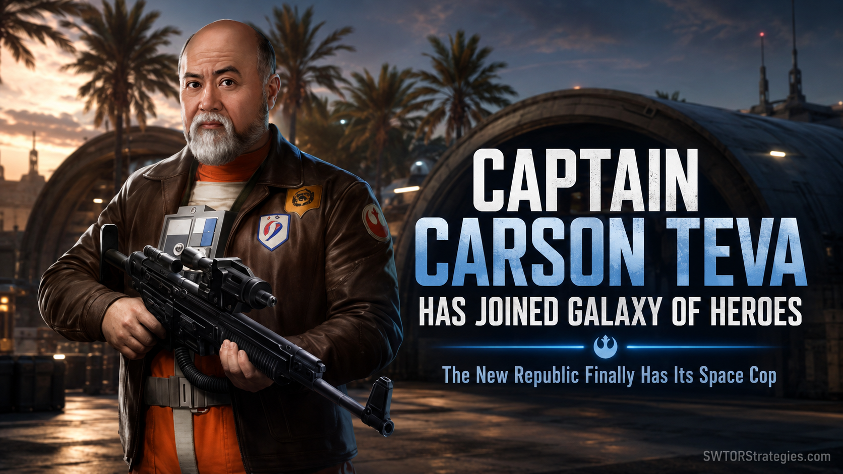 Captain Carson Teva holding blaster at space base