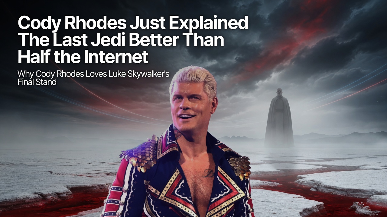 Cody Rhodes in a dramatic editorial header image for an article about why he loves Star Wars: The Last Jedi and Luke Skywalker’s final stand.