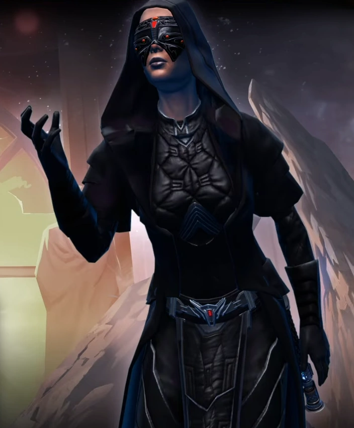 Hooded futuristic warrior with glowing red-eyed mask