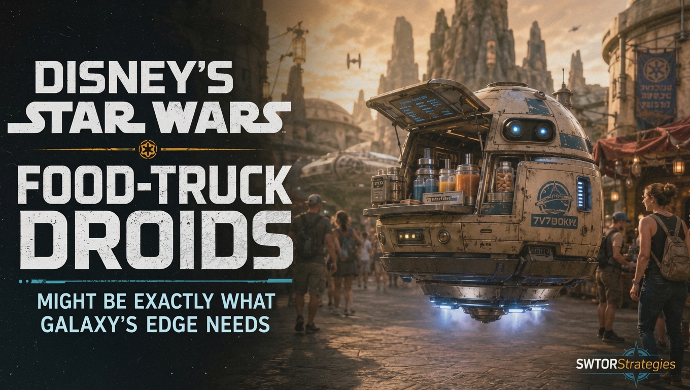 Hovering Star Wars food cart droid in a Galaxy’s Edge-style marketplace with title text about Disney’s food-truck droids.