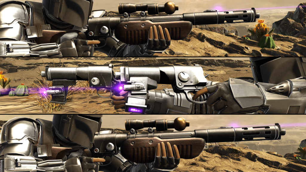 Armored sci-fi character holding futuristic blaster rifle