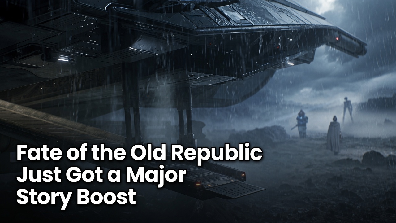 Dark cinematic Star Wars image showing a landing ship ramp in the rain with distant figures, used for a Fate of the Old Republic story article.