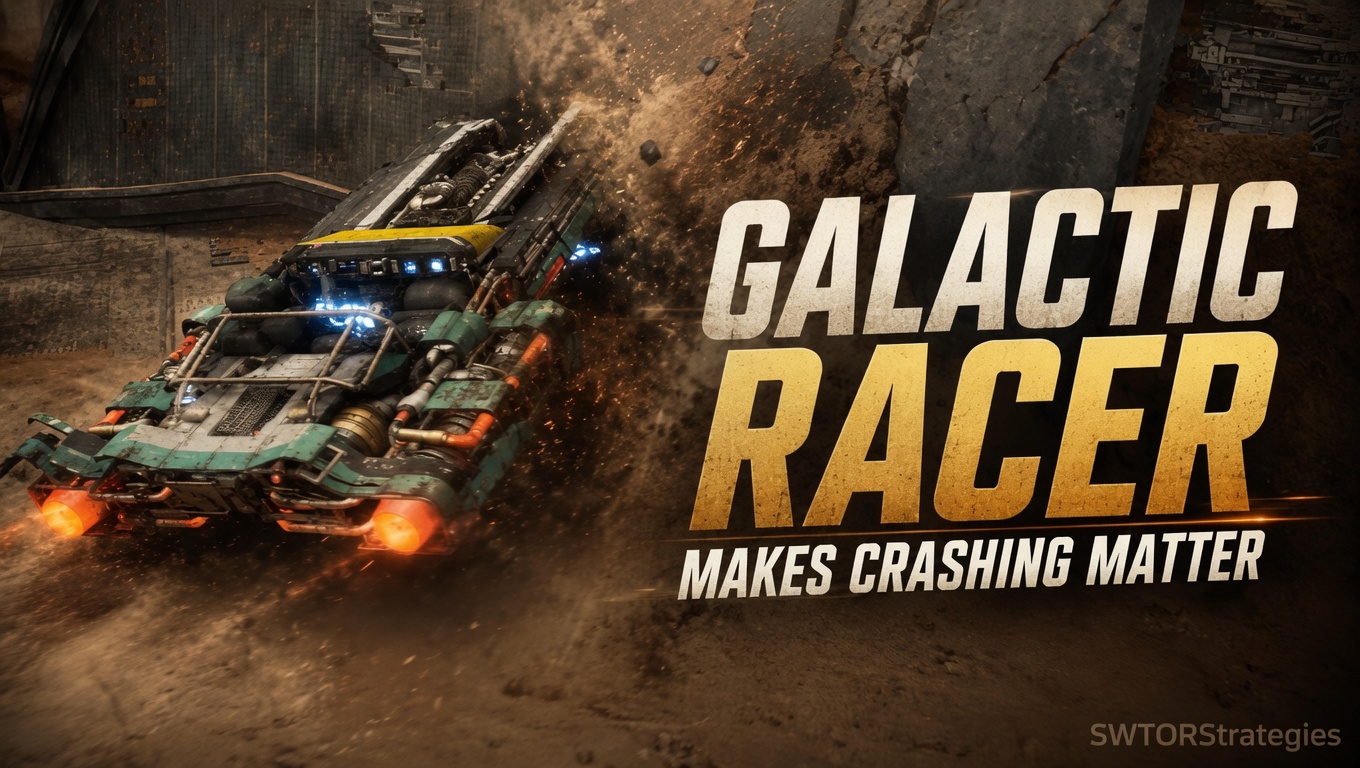 Star Wars: Galactic Racer crash scene with a hover racer slamming into a wall and title text about crashing mattering.