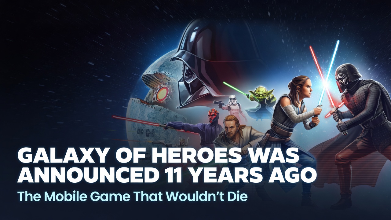 Star Wars: Galaxy of Heroes inspired header image featuring classic Star Wars characters for an article about the game being announced 11 years ago.
