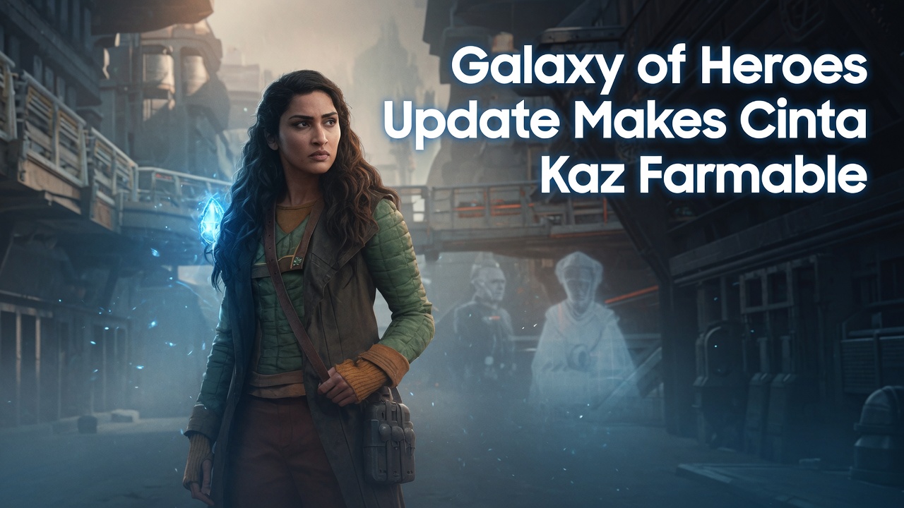 Cinta Kaz from Star Wars: Galaxy of Heroes featured in an editorial image for the June 10 update making her shards farmable.