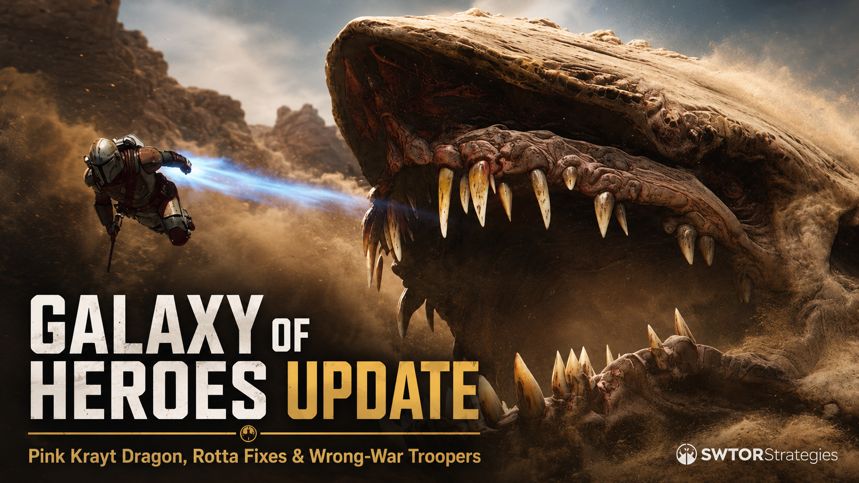 Galaxy of Heroes update header image showing a Krayt Dragon in the desert with title text about the June 29 update.