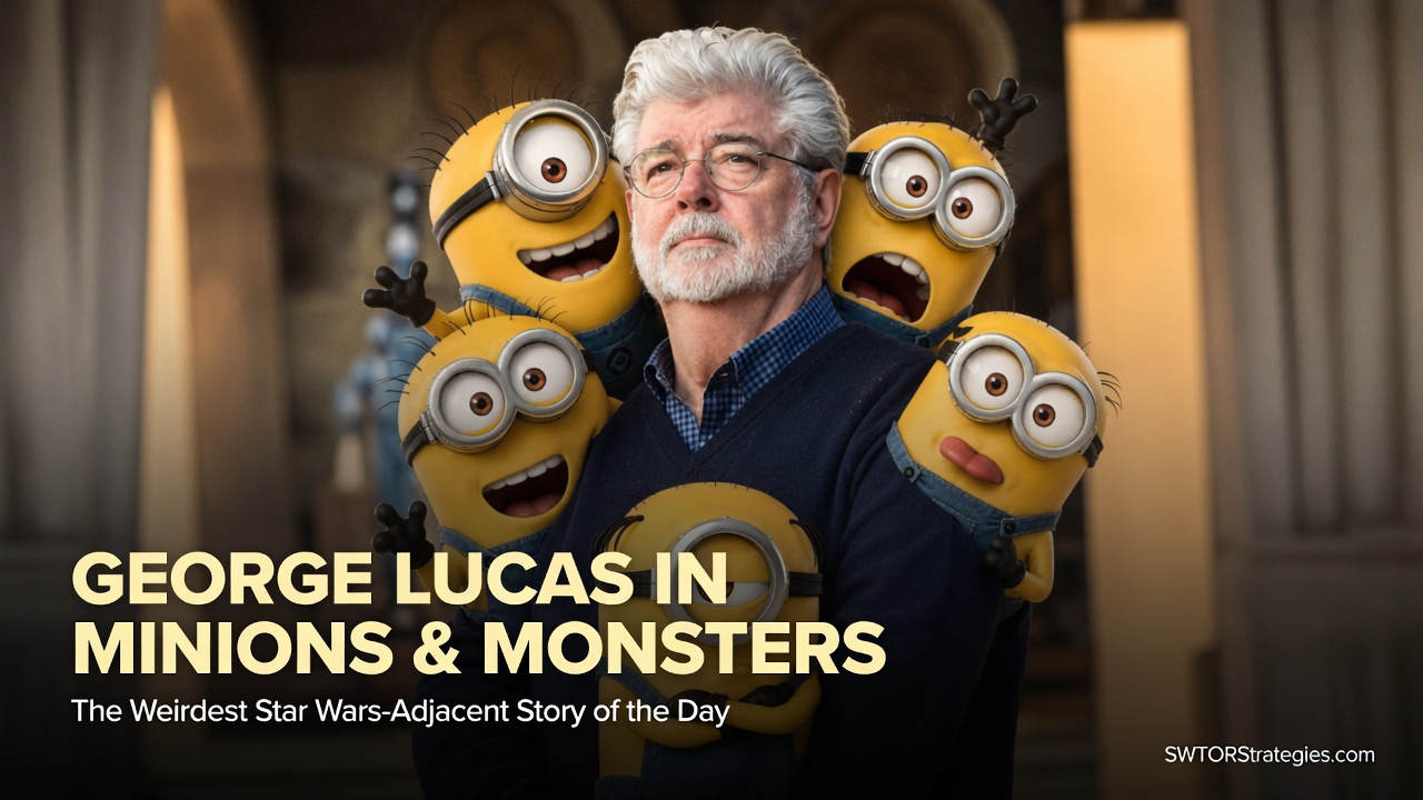 George Lucas surrounded by Minions in a humorous header image for an article about his casting in Minions & Monsters