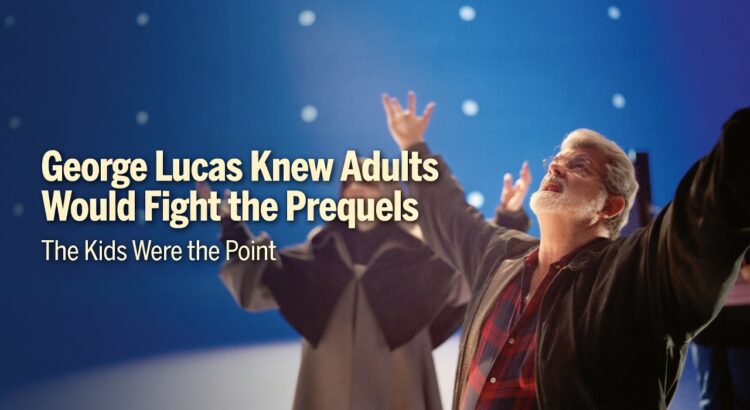 George Lucas on a Star Wars prequel set with Ian McDiarmid as Palpatine in the background, for an article about Lucas knowing kids were the point of the prequels.