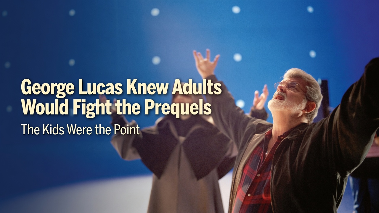 George Lucas on a Star Wars prequel set with Ian McDiarmid as Palpatine in the background, for an article about Lucas knowing kids were the point of the prequels.