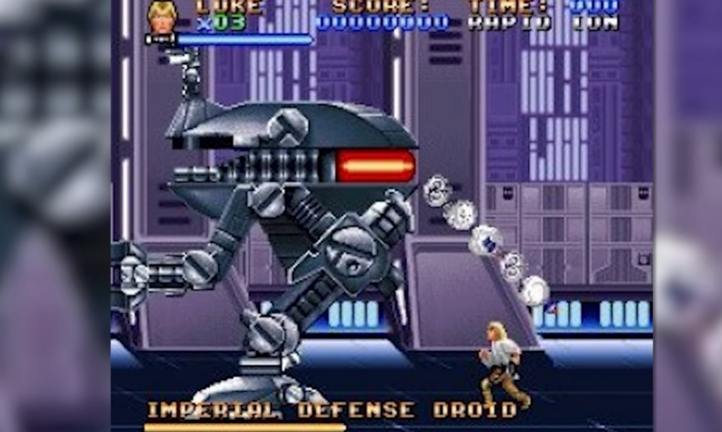 Retro game boss fight with giant defense droid