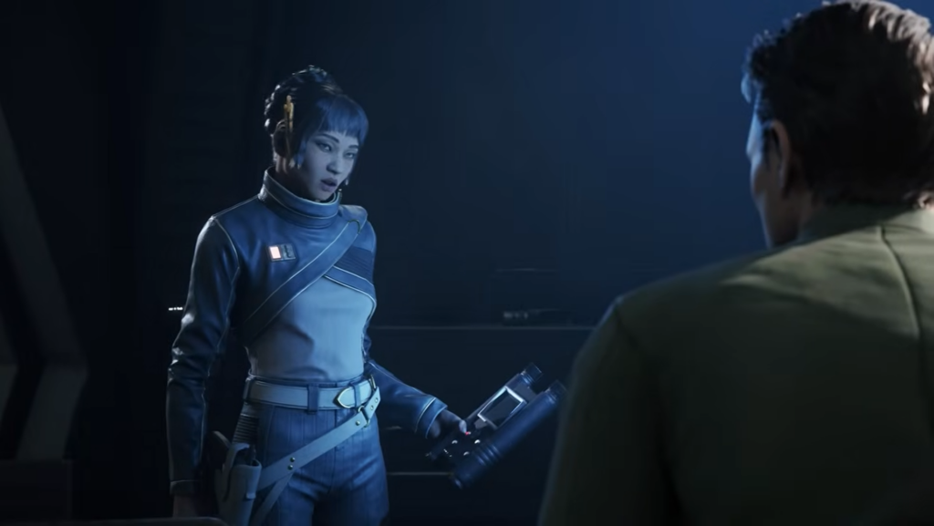 Futuristic officer holding device in dim blue room