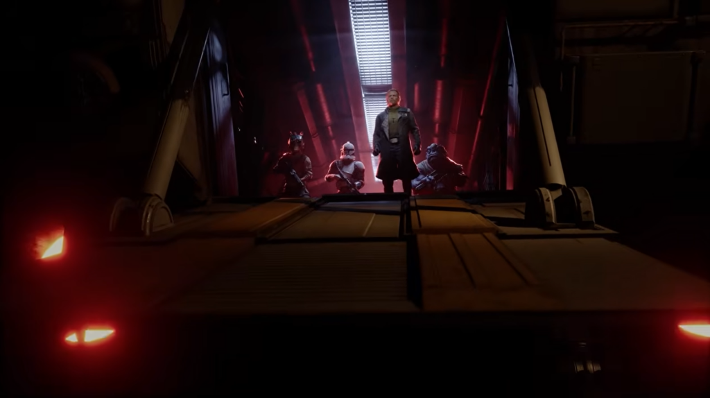 Imperial officer with soldiers in red corridor