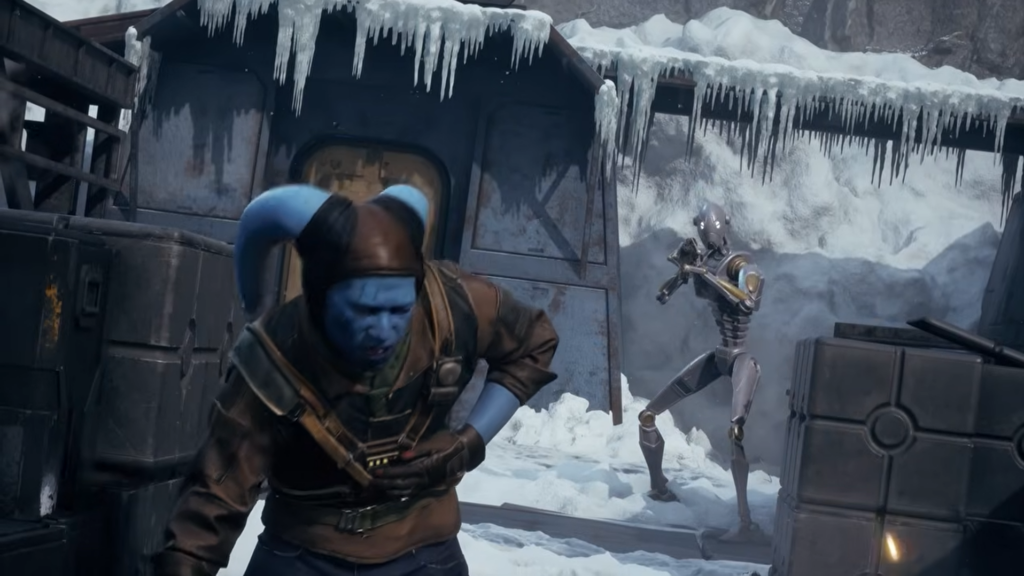 Blue alien fleeing droid in icy outpost