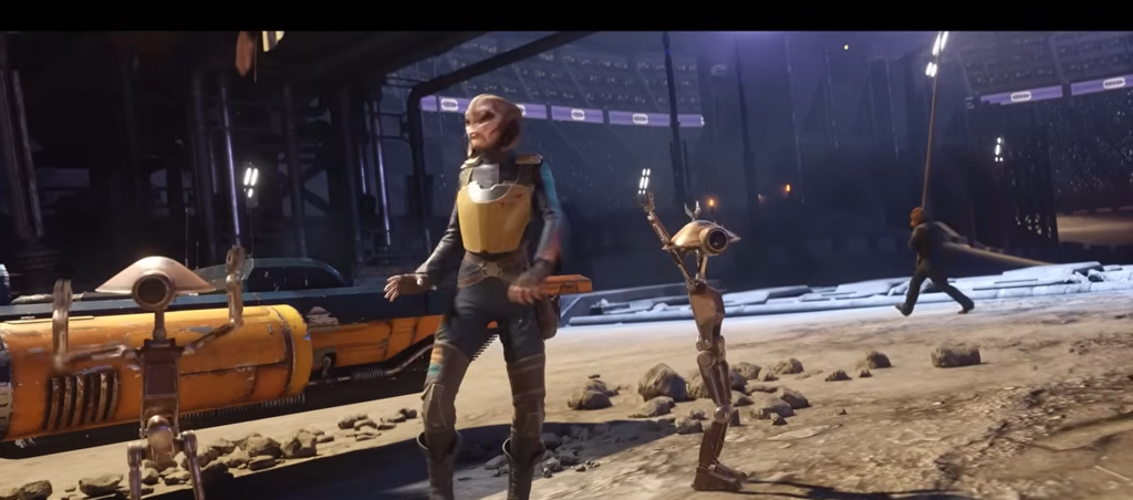 Alien and droid in futuristic industrial arena