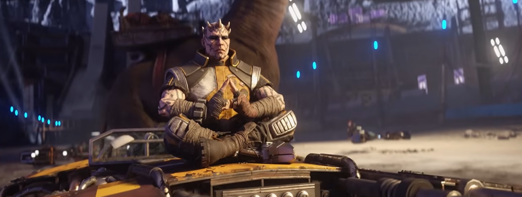 Armored warrior meditating atop futuristic vehicle