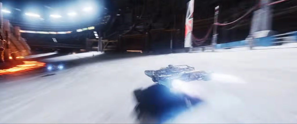 Futuristic hovercraft racing inside massive arena
