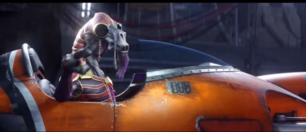 Alien pilot in orange spacecraft cockpit