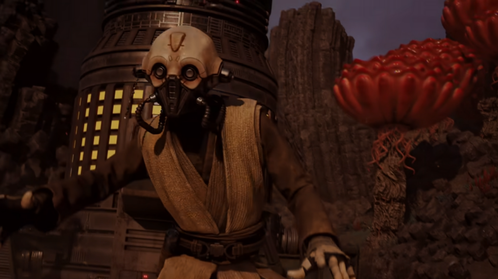 Masked sci-fi character in alien landscape
