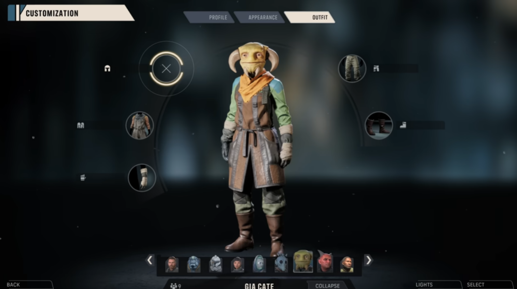 Video game character customization outfit selection screen